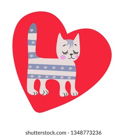 Cute tabby kitten against big red heart background. Card, print for t shirt.