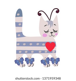 
Cute tabby kitten butterfly isolated on white background. Poster for baby.