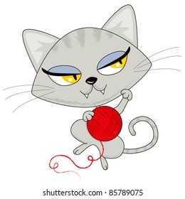 Cute tabby kitten playing with red yarn ball