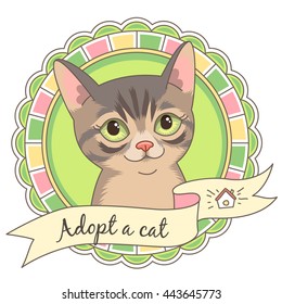 Cute tabby kitten in round frame isolated on white. Illustration or emblem for animal shelter