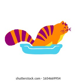 Cute tabby orange cat sitting in a tray, in a flat cartoon style. Vector funny kittens isolated on white background.