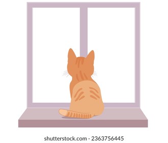 Rutschige, gestreifte rote Katze, die auf einem leeren Kopienraumfenster einzeln auf weißem Hintergrund sitzt. Vektorgrafik-Illustration von Tieren zu Hause