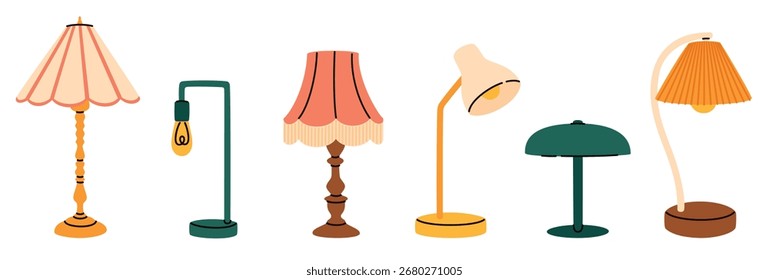 Lámparas de mesa lindas de varias Formas y colores. Ilustración vectorial plana.