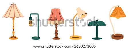 Cute table lamps of various shapes and colors. Flat vector illustration.