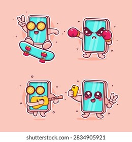 Cute tablet device gadget characters vector illustration set featuring skateboarding kickflip, boxing, playing guitar, and taking a selfie.