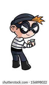 A cute tablet/phone hacker with back to you - Vector clip art illustration on white background