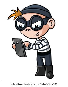 A cute tablet/phone hacker - Vector clip art illustration on white background
