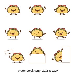 cute taco cartoon. with happy facial expressions and different poses, isolated on a white background