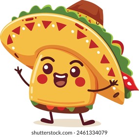 Cute Taco Cute Character Standing and Smiling using Mexican hat