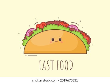 Cute Taco Fast Food Background Vector Illustration With Refreshing Ingredients. Tasty Image Meal in Flat Style Design