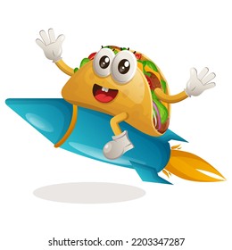 Cute taco flying on rocket. Perfect for food store, small business or e-Commerce, merchandise and sticker, banner promotion, food review blog or vlog channel
