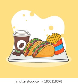 Cute Taco, French Fries and Coffee icon illustration. Fast food icon concept isolated . Flat cartoon style Premium Vector