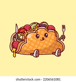 Cute Taco Holding Fork And Knife Cartoon Vector Icon Illustration. Food Object Icon Concept Isolated Premium Vector. Flat Cartoon Style