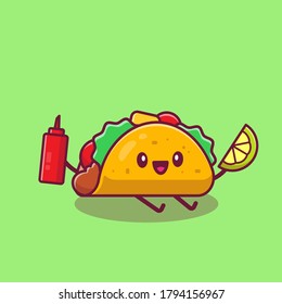 Cute Taco Holding Lemon und Sauce Cartoon Vektorsymbol Illustration. Fast Food Cartoon Icon Konzept isoliert Premium Vektorgrafik. Flachbildkartonstil