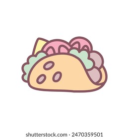 Nettes Taco-Icon. Handgezeichnete Illustration eines traditionellen mexikanischen Fast Food isoliert auf weißem Hintergrund. Kawaii-Aufkleber. Vektorgrafik 10 EPS.