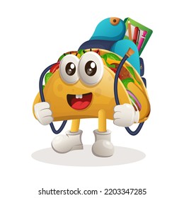 Cute taco mascot carrying a schoolbag, backpack, back to school. Perfect for food store, small business or e-Commerce, merchandise and sticker, banner promotion, food review blog or vlog channel
