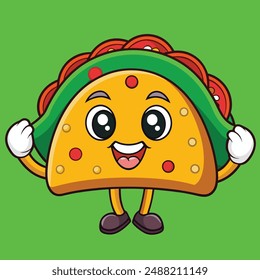 Cute Taco Mascot Cartoon Vector Kawaii Icon Illustration. Food Cartoon Character Isolated. Flat Cartoon Style Suitable for Web Landing Page, Banner, Flyer, Sticker, Card
