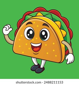 Cute Taco Mascot Cartoon Vector Kawaii Icon Illustration. Food Cartoon Character Isolated. Flat Cartoon Style Suitable for Web Landing Page, Banner, Flyer, Sticker, Card