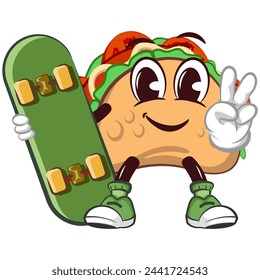 cute taco mascot character emoticon carrying skateboard while giving peace sign, cute taco mascot