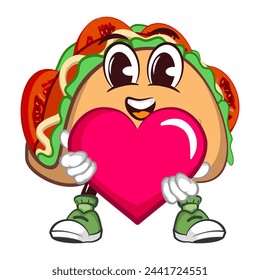cute taco mascot character emoticon carrying a pink heart, crowned and carrying a magic wand, cute taco mascot