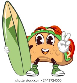 cute taco mascot character emoticon carrying surfboard while giving peace sign, cute taco mascot