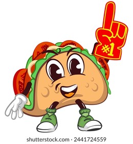 cute taco mascot character emoticon raising his foam finger up, crowned and carrying a magic wand, isolated cartoon vector illustration. emoticon, cute taco mascot