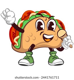 cute taco mascot character emoticon talking using mic, cute taco mascot