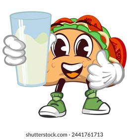 cute taco mascot character emoticon carrying a glass of water while giving a thumbs up, cute taco mascot