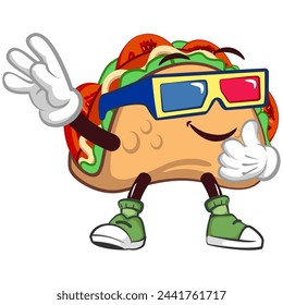 cute taco mascot character emoticon wearing three-dimensional glasses, cute taco mascot