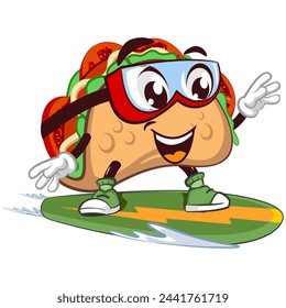 Emoticon de personaje de mascota de taco lindo surfeando, mascota de taco lindo