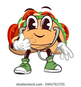 cute taco mascot character emoticon being a medic using a statoscope, cute taco mascot
