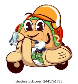 cute taco mascot character emoticon riding a scooter, cute taco mascot