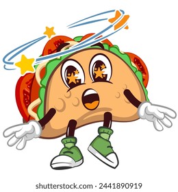 cute taco mascot character emoticon being dizzy and drunk, cute taco mascot