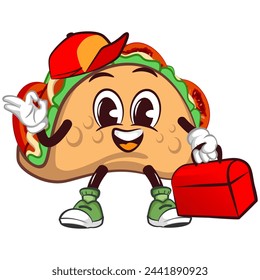 cute taco mascot character emoticon in hat carrying his toolbox handyman, cute taco mascot