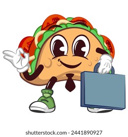 Emoticono lindo del personaje de la mascota del taco en la maleta de la corbata lista para trabajar en la oficina, mascota linda del taco