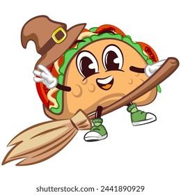 cute taco mascot character emoticon flying on a witch's magic broom while wearing a witch hat, cute taco mascot