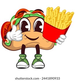 cute taco mascot character emoticon with funny face carrying french fries while giving thumbs up, cute taco mascot