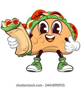 cute taco mascot character emoticon with funny face carrying burritos while giving thumbs up, cute taco mascot