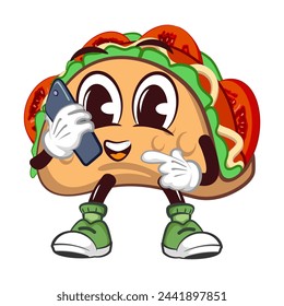 cute taco mascot character emoticon with funny face communicating by cellphone, cute taco mascot