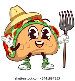 cute taco mascot character emoticon with a funny face wearing a farmer's hat and carrying a fork shovel, cute taco mascot