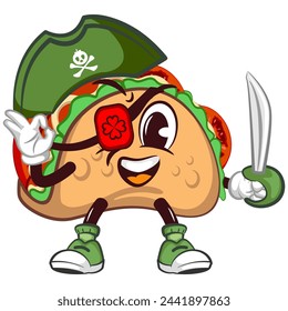 cute taco mascot character emoticon with a cute one-eyed face, wearing a pirate hat and carrying a dager, cute taco mascot