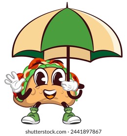 cute taco mascot character emoticon with funny face taking cover under umbrella while waving hand, cute taco mascot