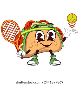 cute taco mascot character emoticon with a funny face playing tennis with a ball and also a racket, cute taco mascot