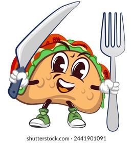cute taco mascot character emoticon with a funny face carrying a kitchen knife and fork, cute taco mascot