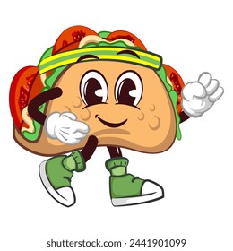 cute taco mascot character emoticon with funny face jogging, cute taco mascot