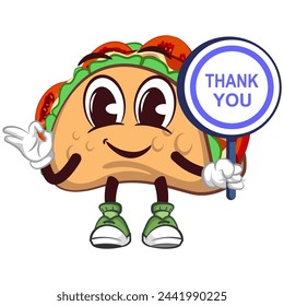 emoticono lindo del personaje de la mascota del taco con una cara divertida que da una señal de acuerdo mientras lleva una tabla diciendo gracias, mascota linda del taco