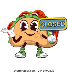 cute taco mascot character emoticon with a funny face carrying a sign saying closed, cute taco mascot