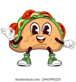 cute taco mascot character emoticon with a funny face giving an okay sign, cute taco mascot