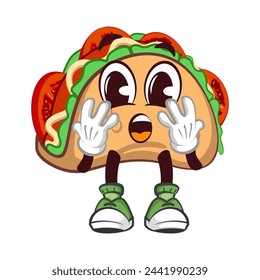 cute taco mascot character emoticon with funny face while surprised, cute taco mascot
