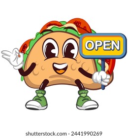 cute taco mascot character emoticon with a funny face giving an okay sign while carrying a board saying open, cute taco mascot